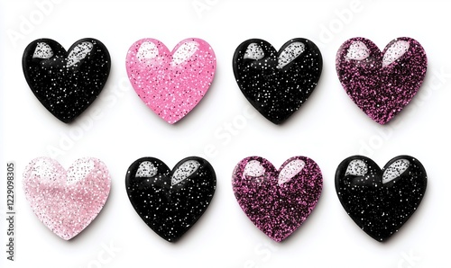Glittery Heart-Shaped Decorations in Black and Pink Colors, Perfect for Celebrations and Crafts