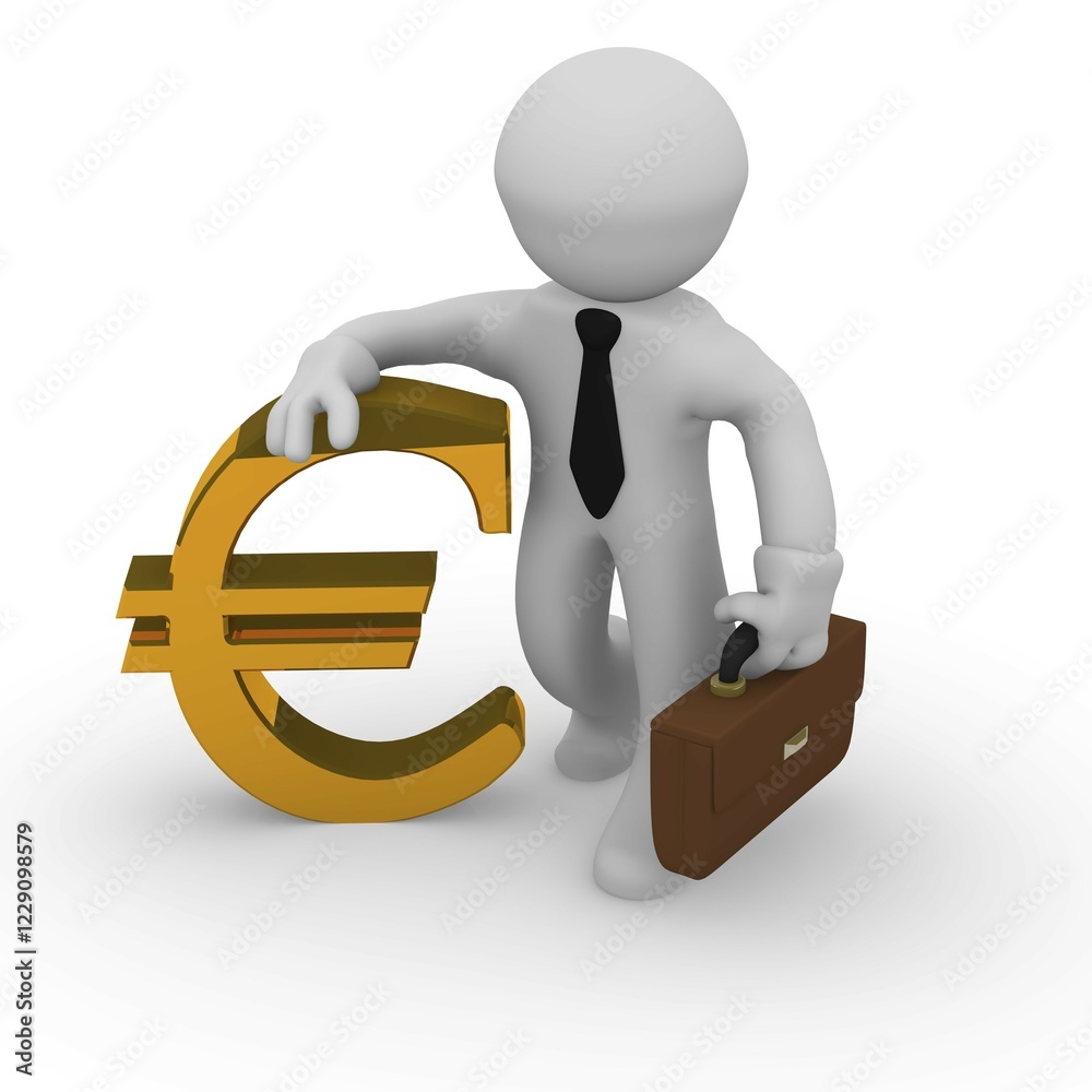Business man with a golden Euro sign on a white background
