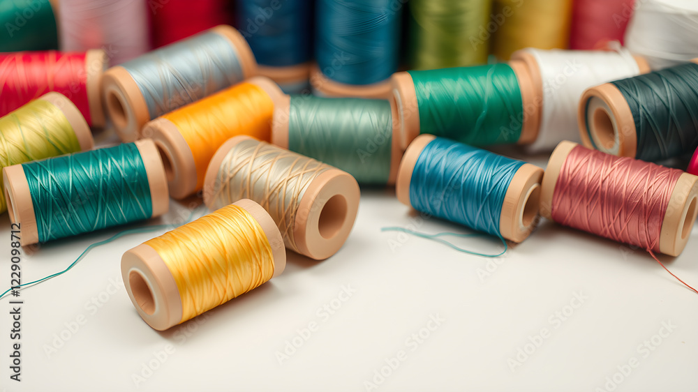 Spools of colorful sewing threads on light background, closeup. Space for text. Generative AI Spools of colorful sewing threads on light background, closeup. Space for text. Generative AI