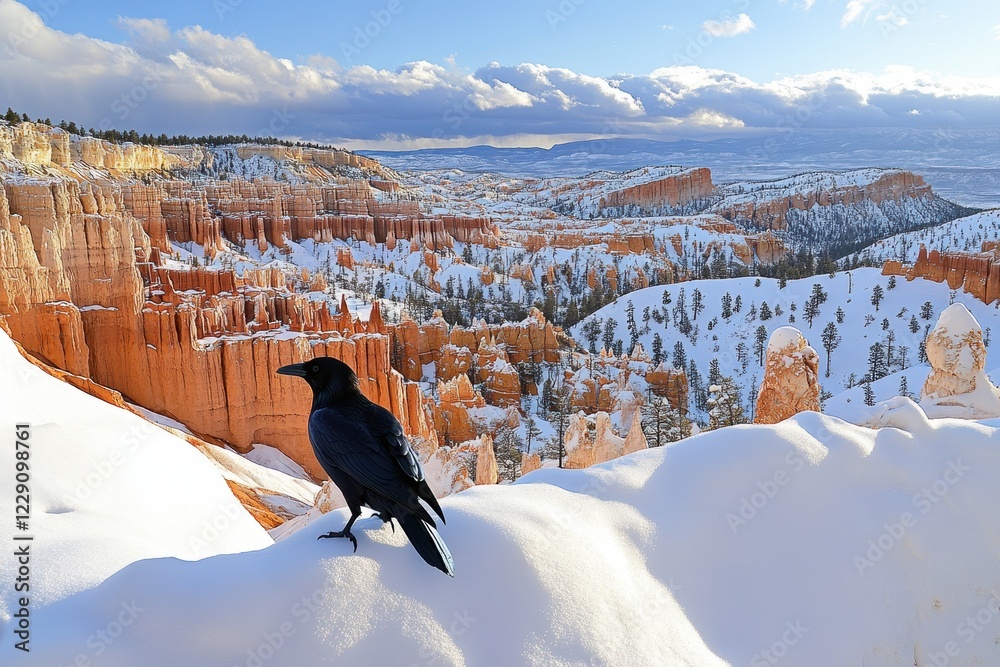 Fototapeta premium Raven perched on snow-covered ground at Bryce Canyon National Park during winter, A Raven at Bryce National Park