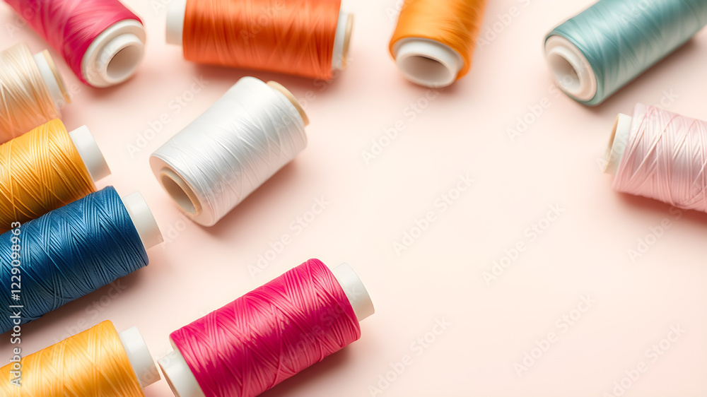 Spools of colorful sewing threads on light background, closeup. Space for text. Generative AI Spools of colorful sewing threads on light background, closeup. Space for text. Generative AI