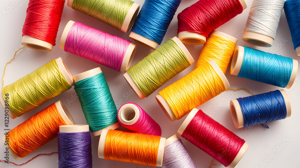 Spools of colorful sewing threads on light background, closeup. Space for text. Generative AI Spools of colorful sewing threads on light background, closeup. Space for text. Generative AI