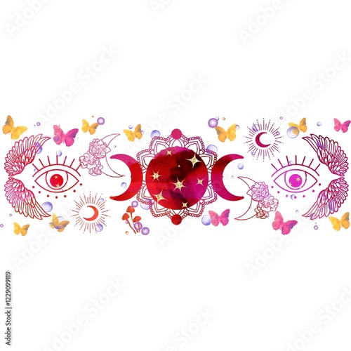 Yoga, Ramadan, Holiday, wedding illustration with moon, eyes, butterflies. Watercolour pattern.