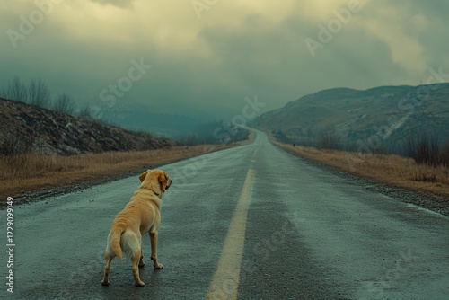 Dog left alone on empty road during gloomy weather with mountains in the background, host threw the dog on the side of the road/host threw the dog on the side of the road