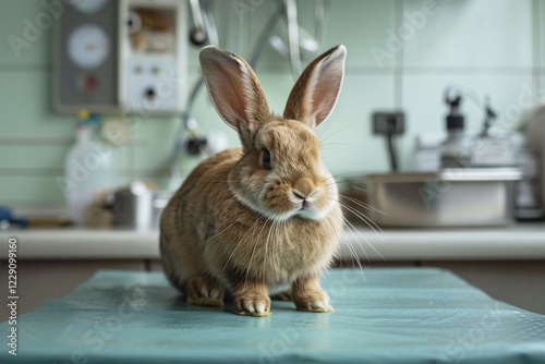 Bunny sitting on table at vet. KI generiert, generiert, AI generated photo