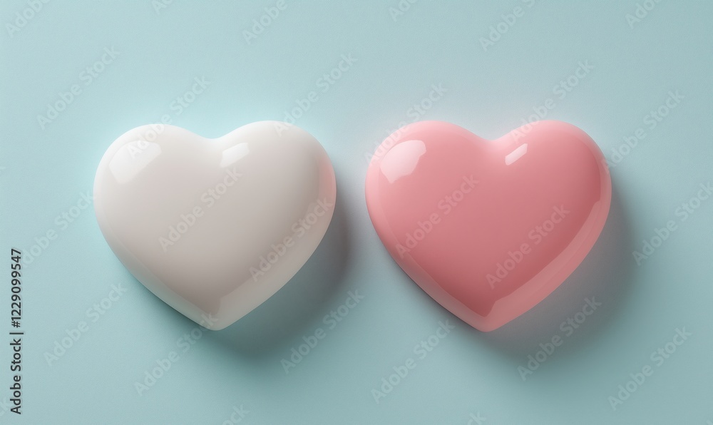 Glossy Heart-Shaped Objects in White and Pink on Soft Blue Background, Perfect for Valentine's Day or Romantic Themes Glossy Heart-Shaped Objects in White and Pink on Soft Blue Background, Perfect for Valentine's Day or Romantic Themes