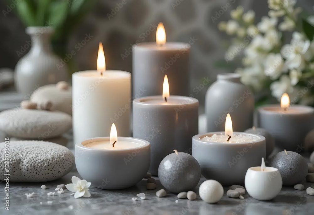 A beautiful spa set up with grey and white candles and a wooden wick candle in a brown glass jar A beautiful spa set up with grey and white candles and a wooden wick candle in a brown glass jar