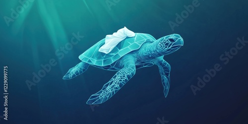 Turtle swimming underwater with white cloth on shell, digital art representation of marine life, ocean conservation, and environmental awareness photo