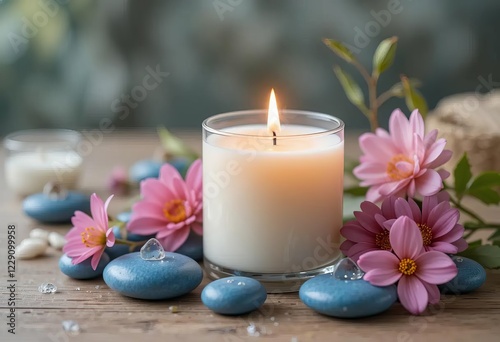 A lit candle surrounded by flowers and blue spa stones