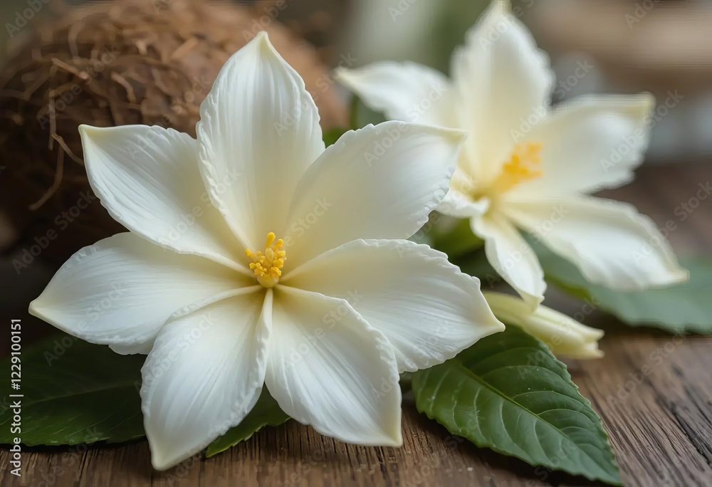 A jar of coconut oil with a gardenia flower and jasmine cape soaking inside A jar of coconut oil with a gardenia flower and jasmine cape soaking inside