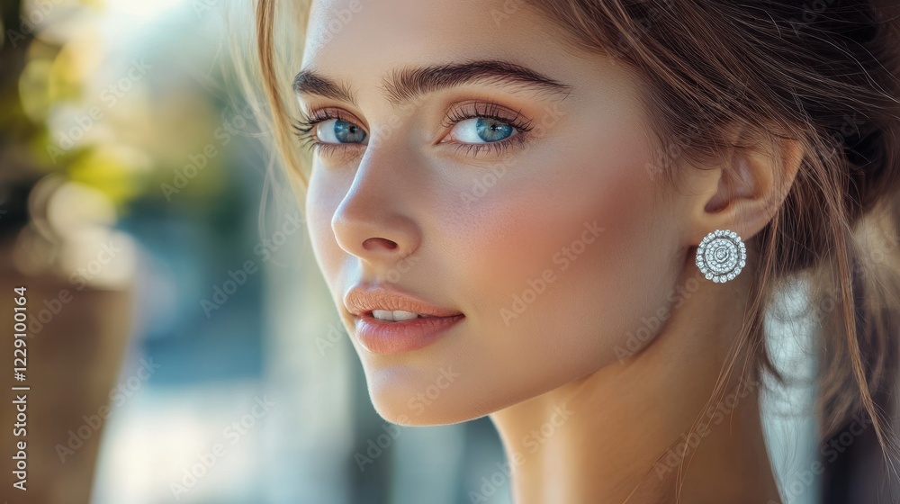 well-groomed woman shows silver earrings in her ear. Earring image for online sales. well-groomed woman shows silver earrings in her ear. Earring image for online sales.