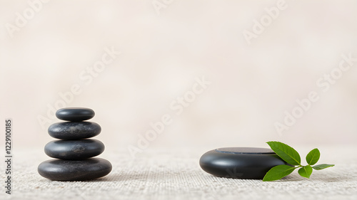 Stack of black spa stones on light background. Space for text. Generative AI