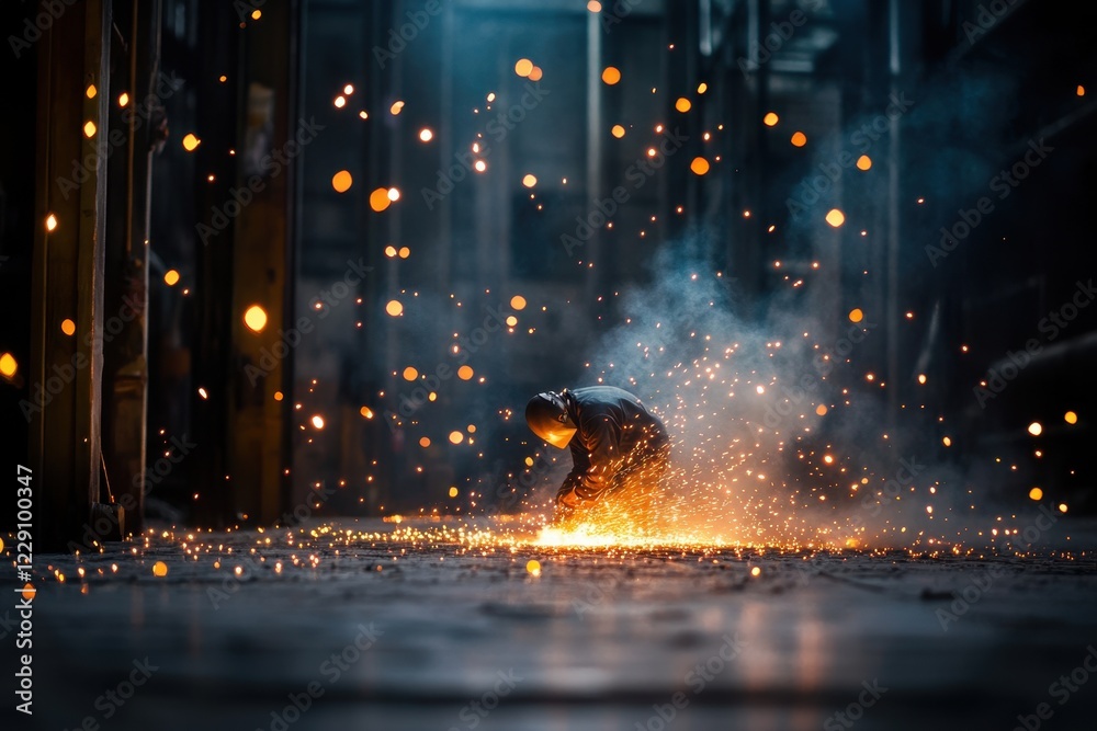 Fototapeta premium Dedicated factory worker skillfully welding metal components in a busy industrial environment.