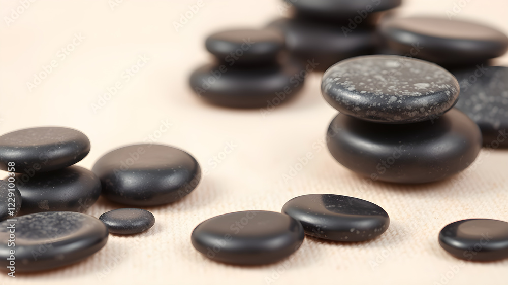 Stack of black spa stones on light background. Space for text. Generative AI Stack of black spa stones on light background. Space for text. Generative AI
