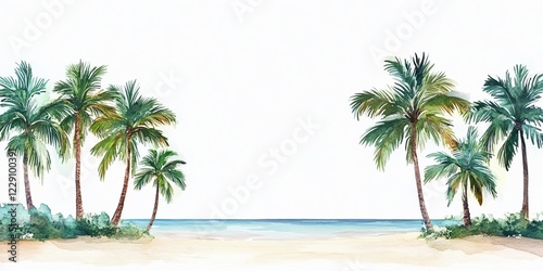 A picturesque tropical beach scene featuring lush palm trees and a tranquil ocean under a clear blue sky.