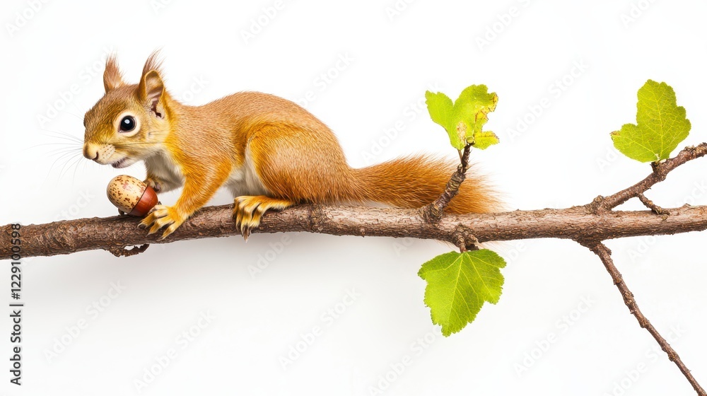Squirrel Holding Acorn on Branch with Green Leaves Background Squirrel Holding Acorn on Branch with Green Leaves Background