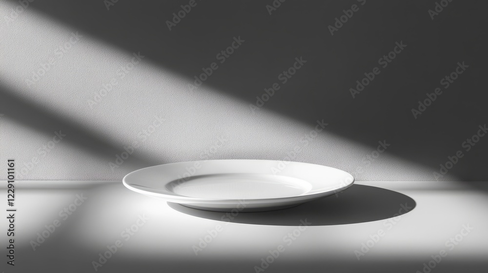 A simple white plate is highlighted by dramatic lighting, casting shadows on a neutral background, showcasing minimalist design.