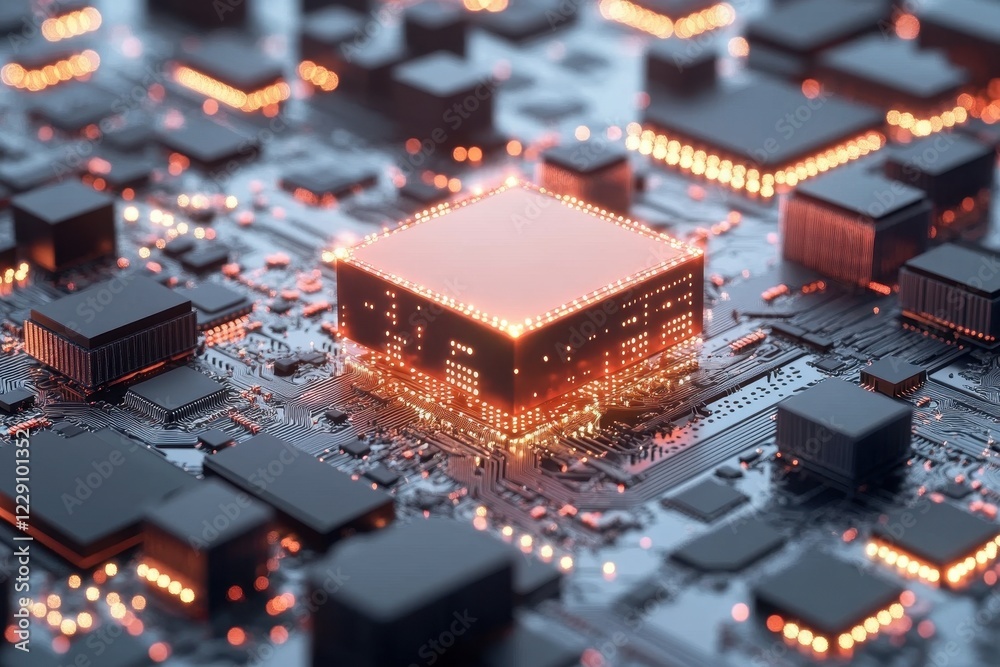 Data processing on a computer circuit board with illuminated components featuring intricate designs and patterns, data processing over computer circuit board