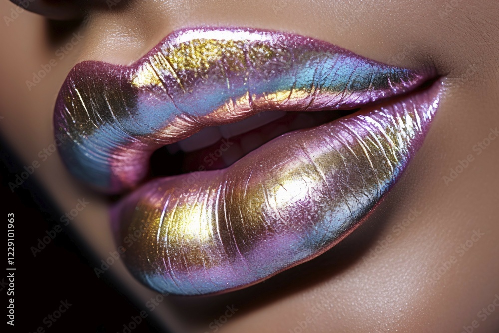 Close up of woman's lips with unusual metallic lipstick. KI generiert, generiert, AI generated Close up of woman's lips with unusual metallic lipstick. KI generiert, generiert, AI generated