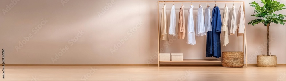 A stylish wardrobe display with clothing and indoor plants. A stylish wardrobe display with clothing and indoor plants.