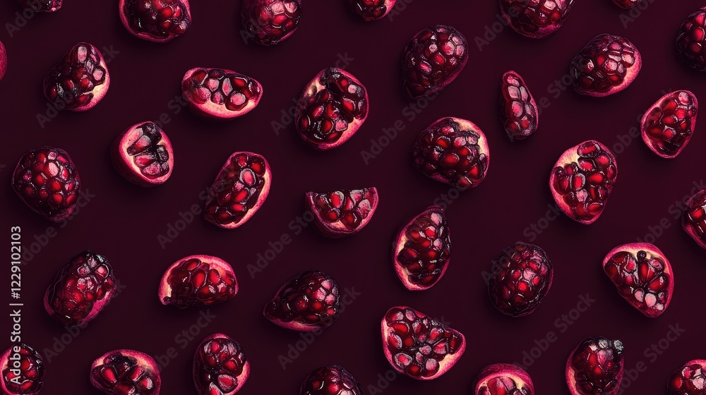A Close-Up View of Fresh Pomegranate Seeds and Halves Spread Across a Dark Background for Health and Nutrition Themes A Close-Up View of Fresh Pomegranate Seeds and Halves Spread Across a Dark Background for Health and Nutrition Themes