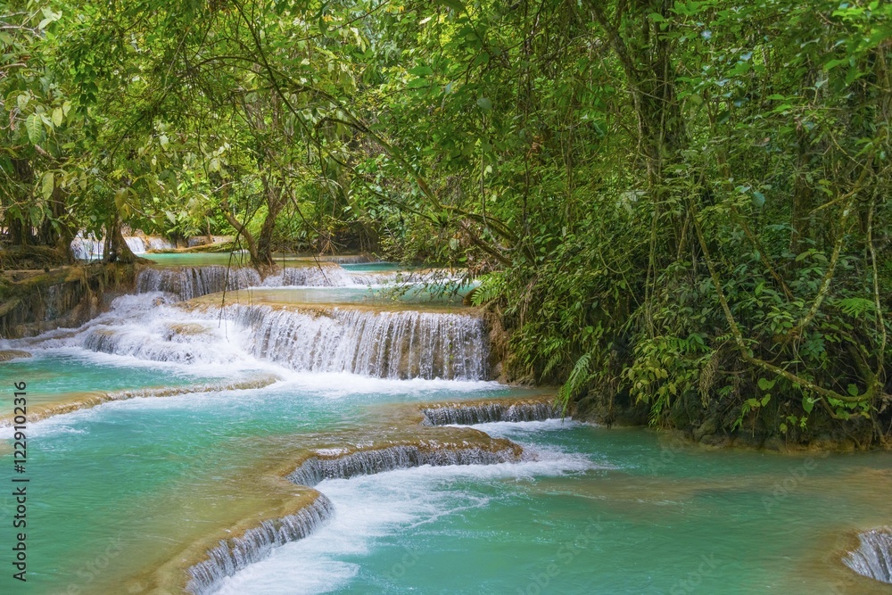 Small waterfalls, cascades, Tat Kuang Si waterfalls, Luang Prabang, Laos, Asia Small waterfalls, cascades, Tat Kuang Si waterfalls, Luang Prabang, Laos, Asia