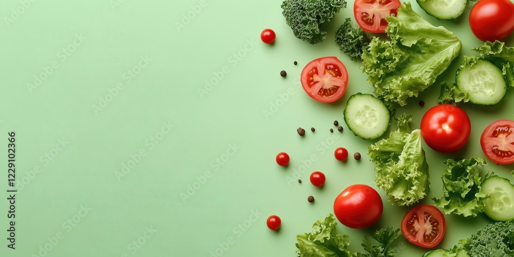 Fresh vegetables assortment including tomatoes, cucumbers, lettuce, kale, and peppercorns on green background Fresh vegetables assortment including tomatoes, cucumbers, lettuce, kale, and peppercorns on green background