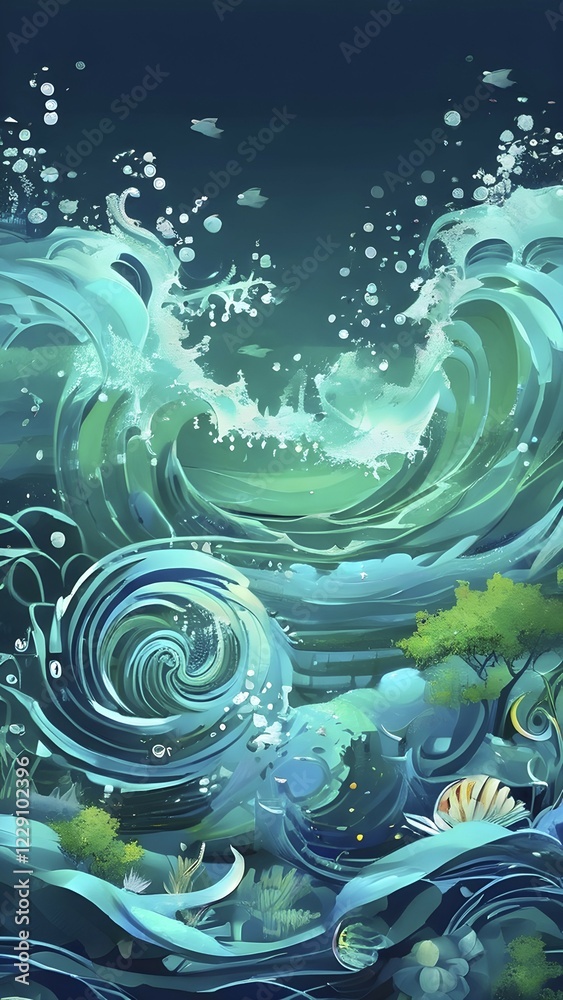 Illustration of swirling ocean waves and recycling symbols to represent clean oceans and sustainable waste management, AI generated Illustration of swirling ocean waves and recycling symbols to represent clean oceans and sustainable waste management, AI generated