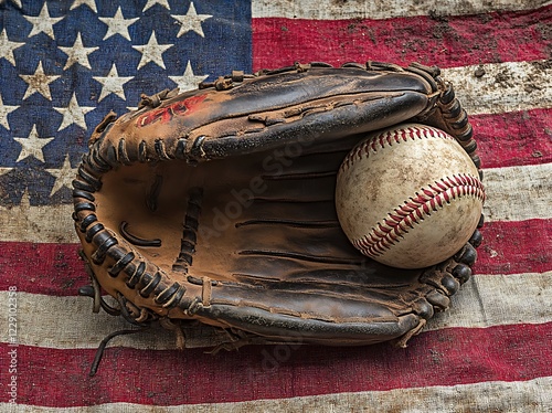 Vintage baseball, bat and glove on an American flag