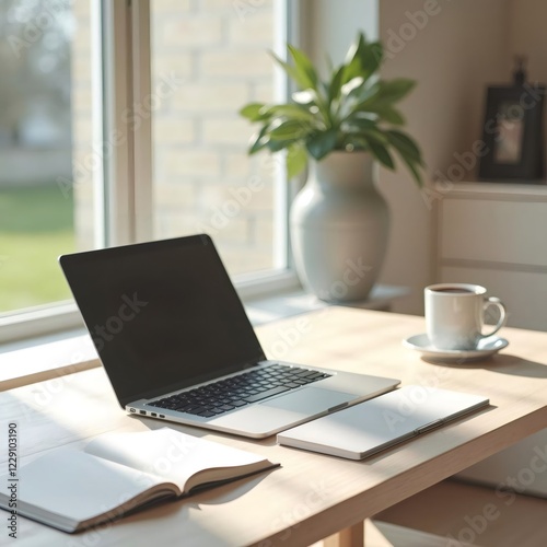 A sunlit minimalist workspace promotes focus and creativity with a sleek laptop and open notebooks.
