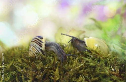 Two Helicidae (Helicidae) crawling on moss, Germany, Europe photo