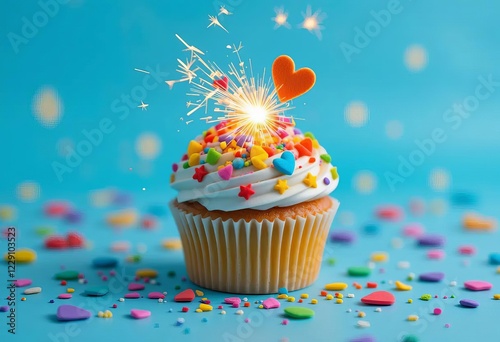A cupcake with rainbow hearts and a lit sparkler on a blue background