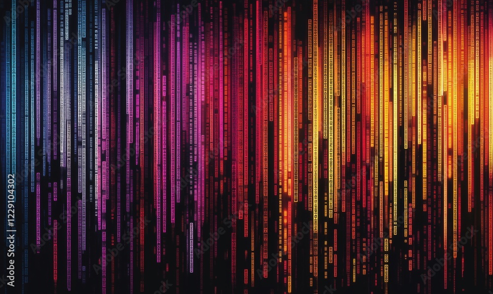 Colorful vertical lines of binary code representing digital data flow, vibrant hues of purple, pink, orange, and yellow creating a dynamic visual effect Colorful vertical lines of binary code representing digital data flow, vibrant hues of purple, pink, orange, and yellow creating a dynamic visual effect