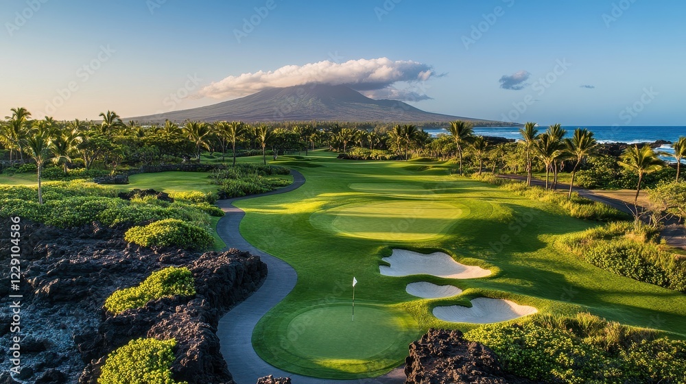 Fototapeta premium Lush Golf Course with Volcano and Ocean in the Background