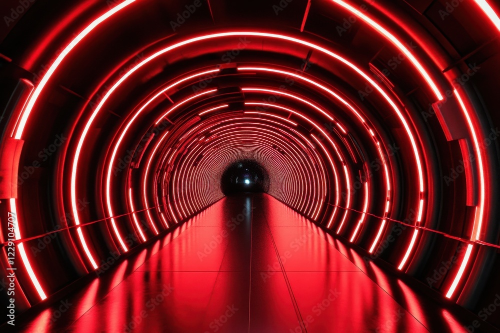 Obraz premium Digital tunnel of red neon shapes creates a futuristic visual experience on black background, digital tunnel of red neon shapes on black background