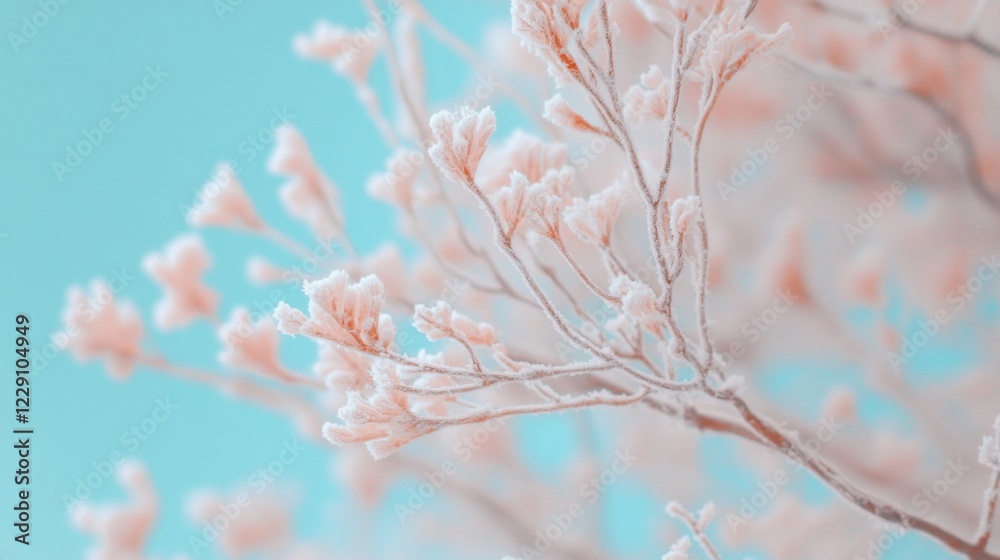 Naklejka premium Snow-covered tree branches display delicate frost against a clear winter sky, creating a peaceful, wintry atmosphere in nature