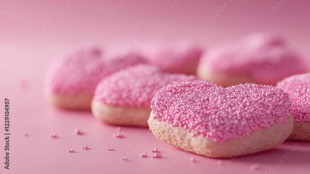 Heart-shaped cookies covered in pink sprinkles on a soft pink background. Heart-shaped cookies covered in pink sprinkles on a soft pink background.