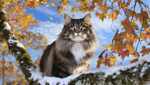 AI generated, animal, animals, mammal, mammals, cat, felidae (Felis catus), a black and white American Forest Cat, sits in a tree, autumn, autumn leaves, snow, onset of winter