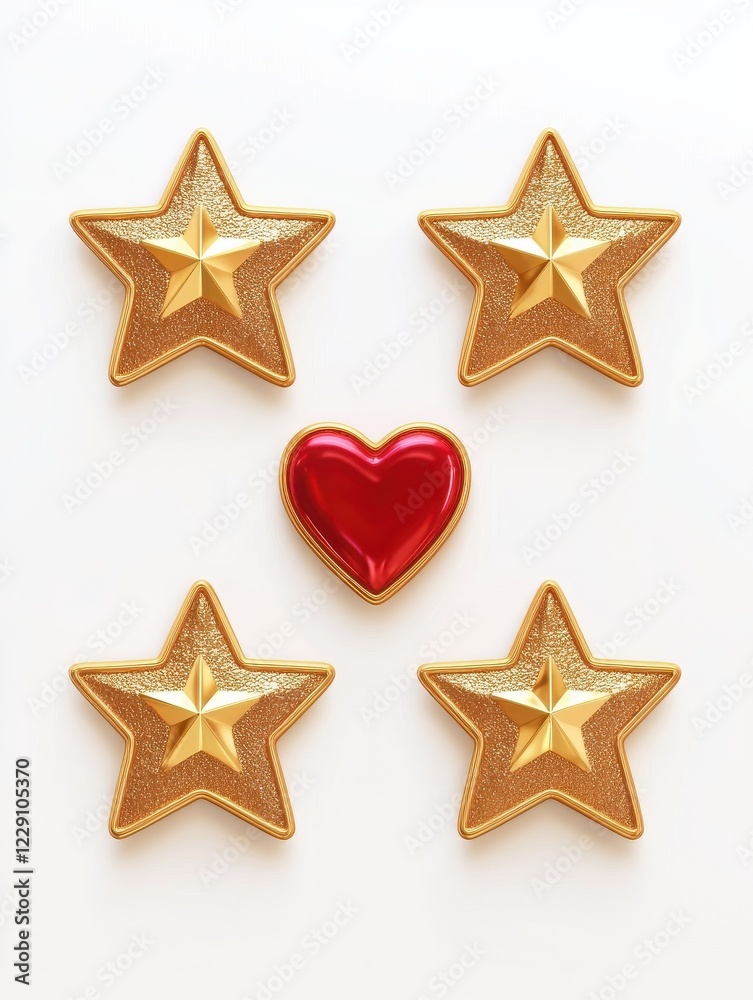 Shiny golden rating stars with a red heart at the center, isolated on a clean white background, symbolizing excellent customer experience and satisfaction. Shiny golden rating stars with a red heart at the center, isolated on a clean white background, symbolizing excellent customer experience and satisfaction.