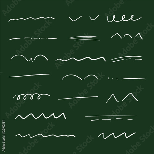 Set of hand drawn marker strikethrough and underline strokes. Different scribble lines and brush strokes isolated on green bg. Vector illustration.