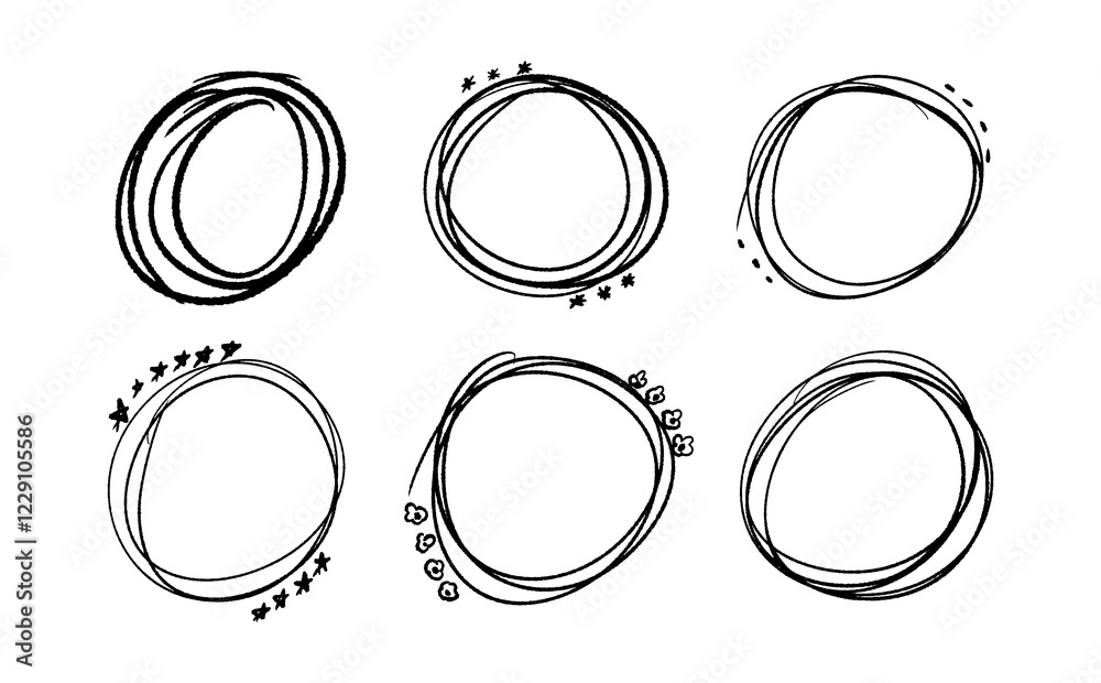 Vector hand drawn graphic elements set in scribble doodle style. Abstract minimal design elements circles. Vector hand drawn graphic elements set in scribble doodle style. Abstract minimal design elements circles.