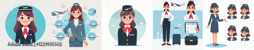vector set of beautiful flight attendant characters