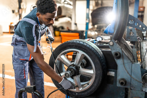 Mechanic balancing car wheel on machine in auto repair shop