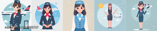 vector set of beautiful flight attendant characters