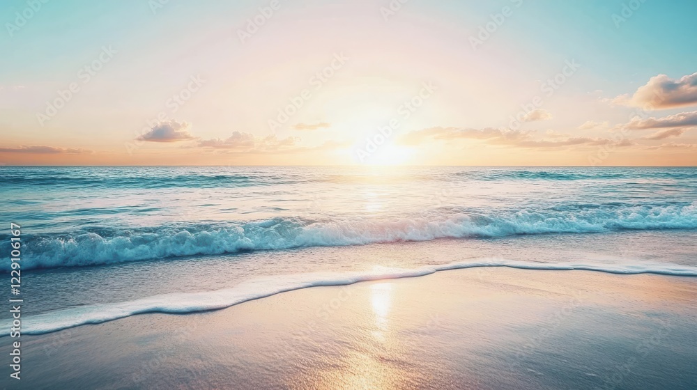 Fototapeta premium A calm beach with soft waves and a sunrise reflecting on wet sand, creating a tranquil and serene atmosphere