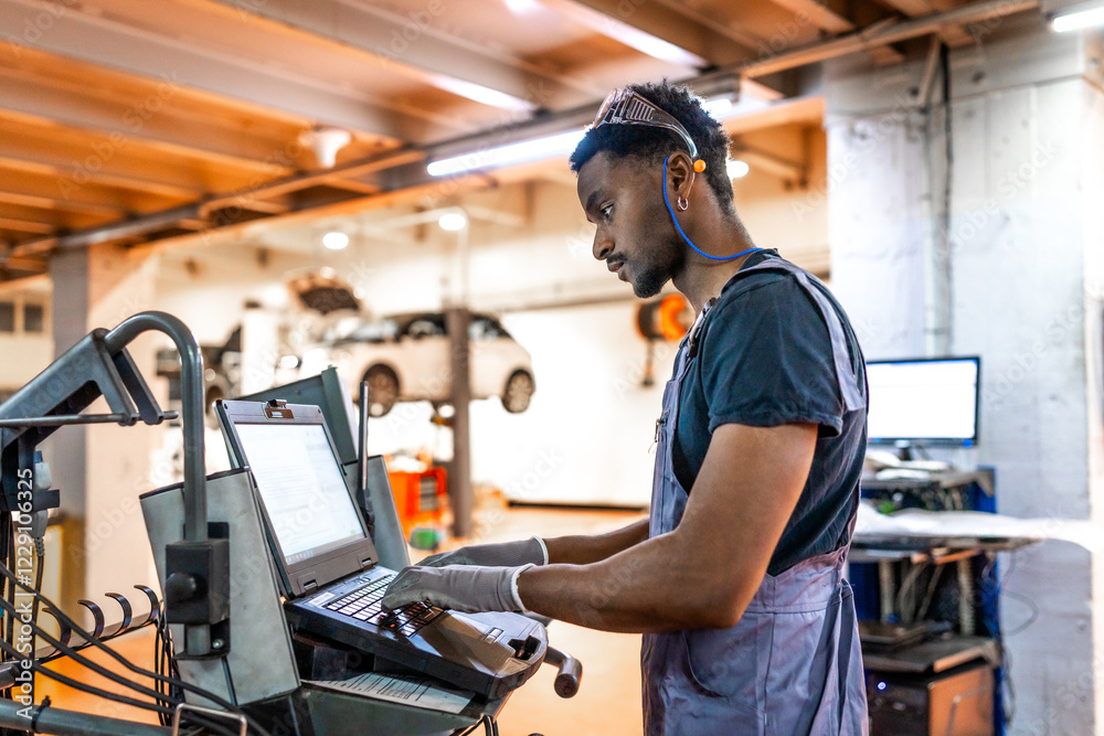 Car mechanic performing diagnostic test using laptop in workshop Car mechanic performing diagnostic test using laptop in workshop