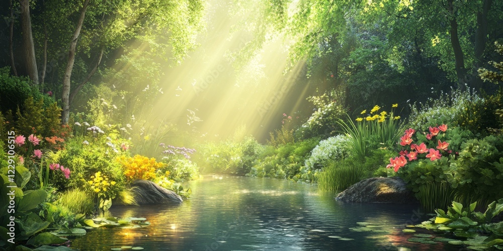Fototapeta premium Breathe in Serenity, A Lush Garden Oasis with a Tranquil Stream and Radiant Sunlight Filtering Through the Trees