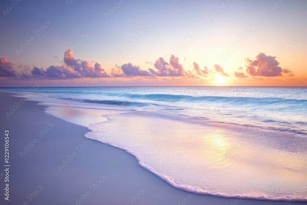 Fototapeta premium A calm beach with soft waves and a sunrise reflecting on wet sand, creating a tranquil and serene atmosphere