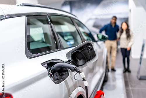 Couple choosing eco friendly vehicle at electric car dealership