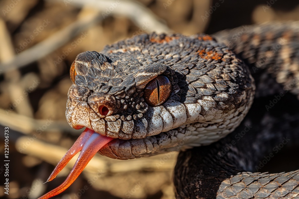 Obraz premium Close up view of a rattlesnake head extending its tongue in a natural habitat, Close up of rattlesnake head with tongue